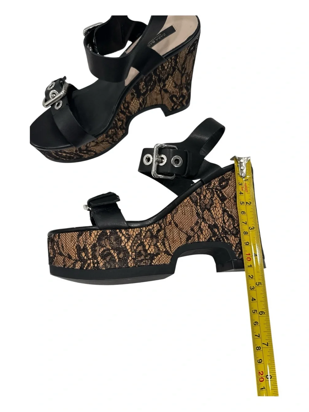 Zara Black  Lace-Print Wedge Sandals - Women's Platform Heels size 36 US 5.5